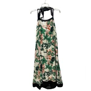 Essentiel satin cream green tropical floral leaf print halter midi dress small